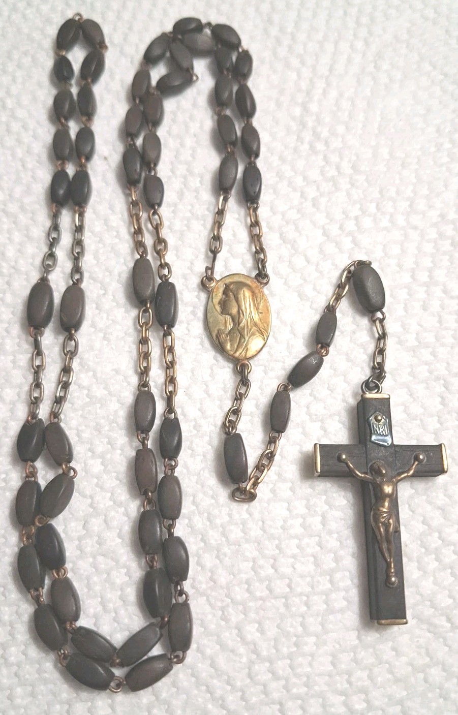 Antique French France Wood Blessed Ebony Bead Rosary Virgin Mary Center 