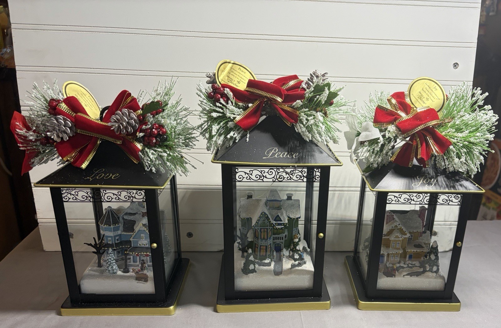Three (3) Thomas Kinkade Illuminated Sparkle of Season Lanterns  LOVE PEACE JOY