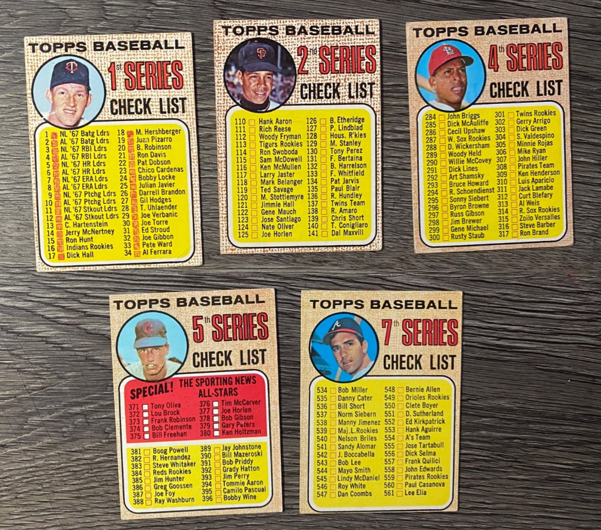 BASEBALL CARDS:  1968 TOPPS BASEBALL CHECKLIST = LOT OF 5 (CEPEDA,MARICHAL,KAAT)