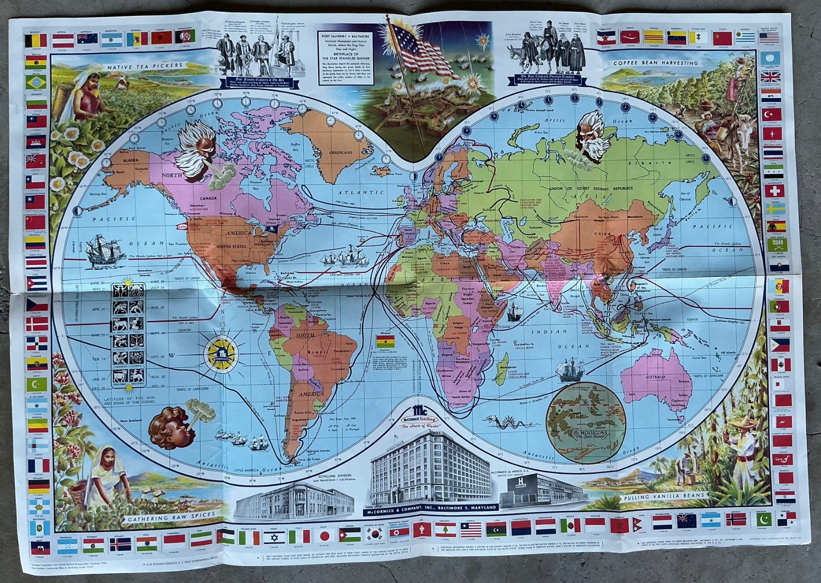 Vintage 1957 McCormick Shilling Fold Out Map Of The World Baltimore Clipper