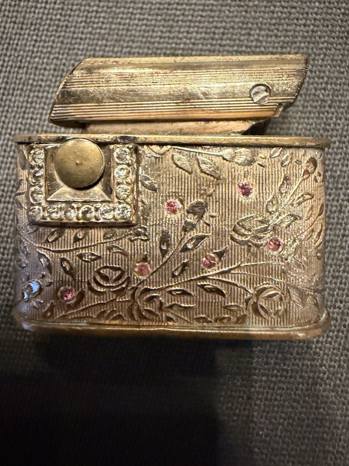Vintage Regeliter Regel Lighter Floral Gold Tone Pink & Clear