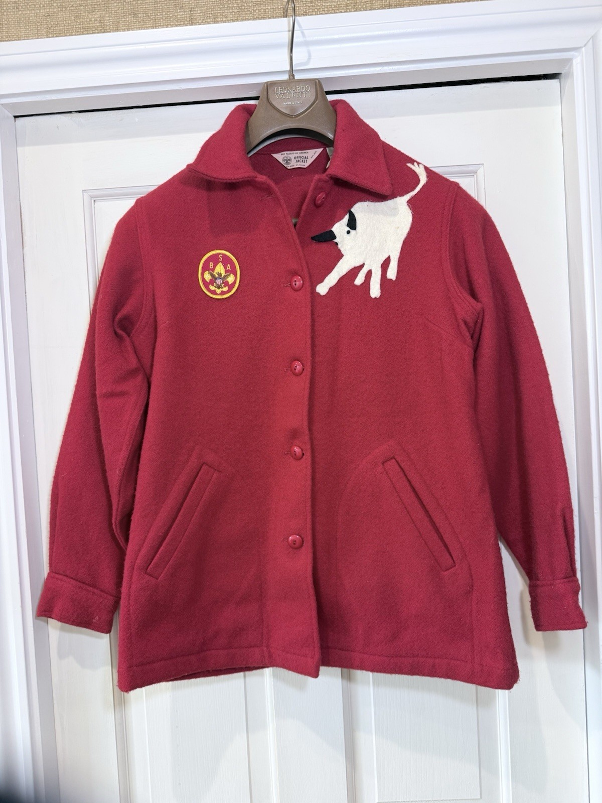Vintage Boy Scouts Of America Official Red Wool Button Jacket Size  M White Bull