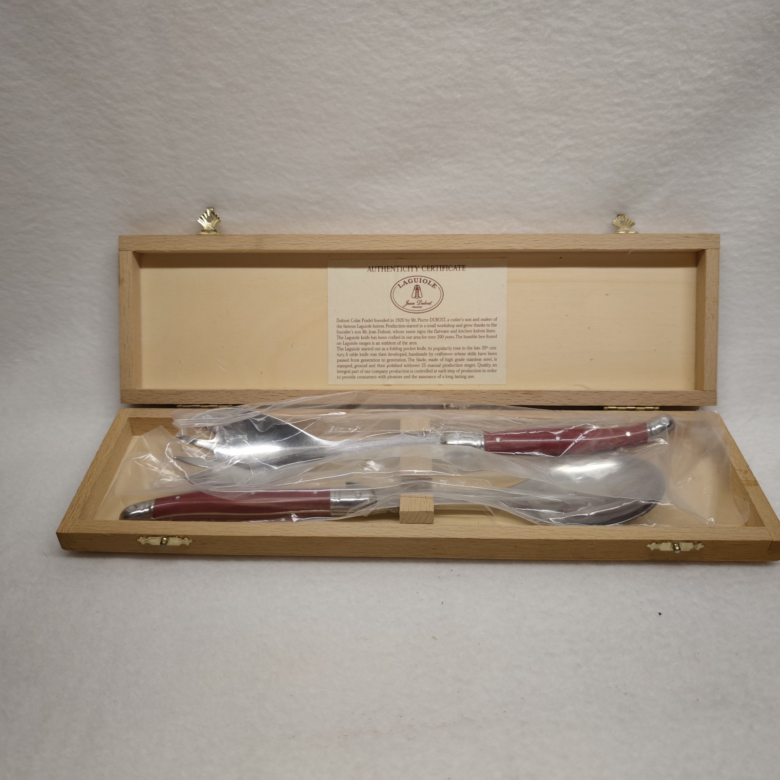 Jean Dubost Laguiole France Salad Servers Red Handle Inox Wood Box COA Serveware