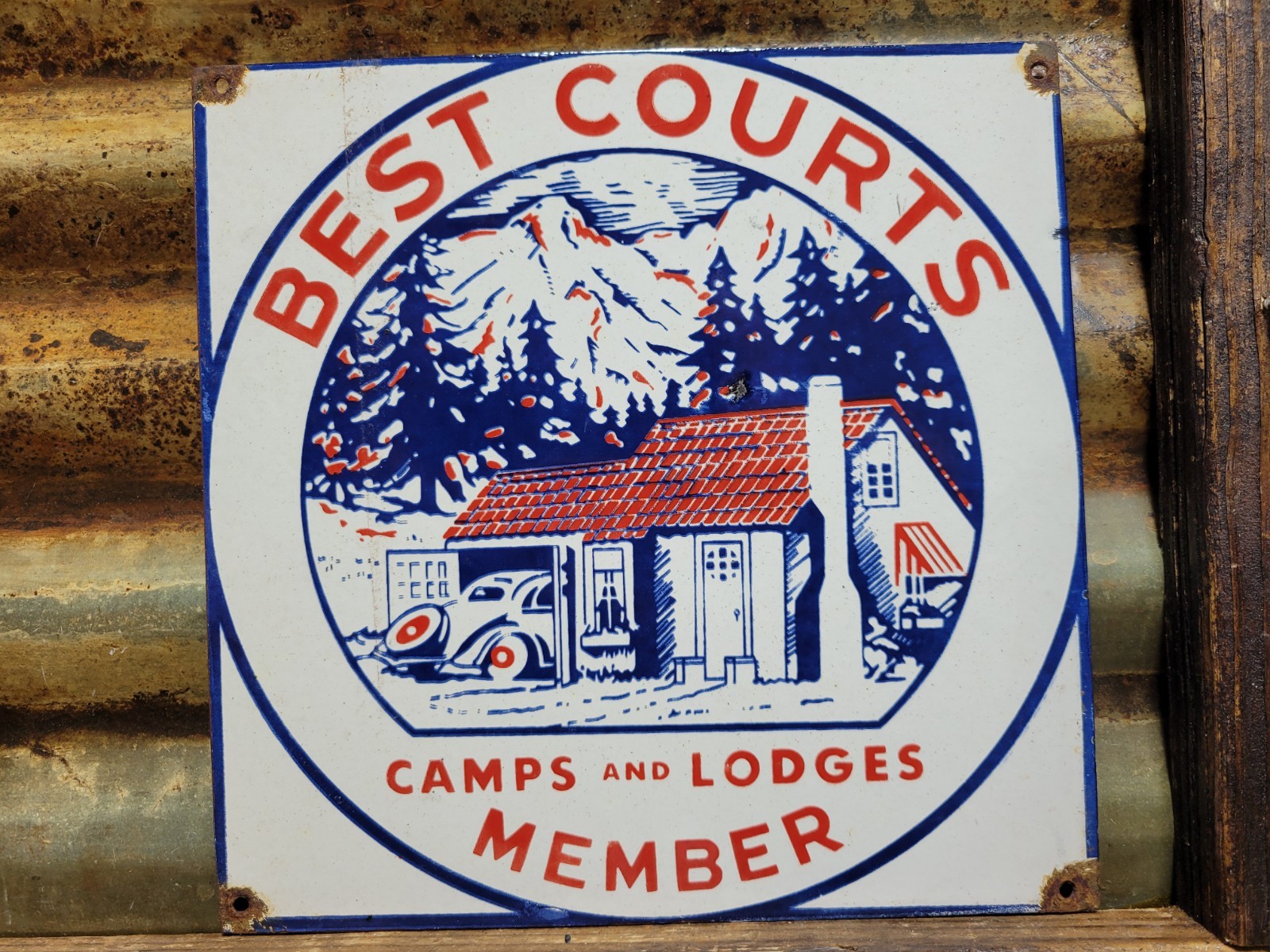 VINTAGE HOTEL PORCELAIN SIGN OLD 1930s BEST COURTS CAMP LODGE CABIN MOTOR MEMBE