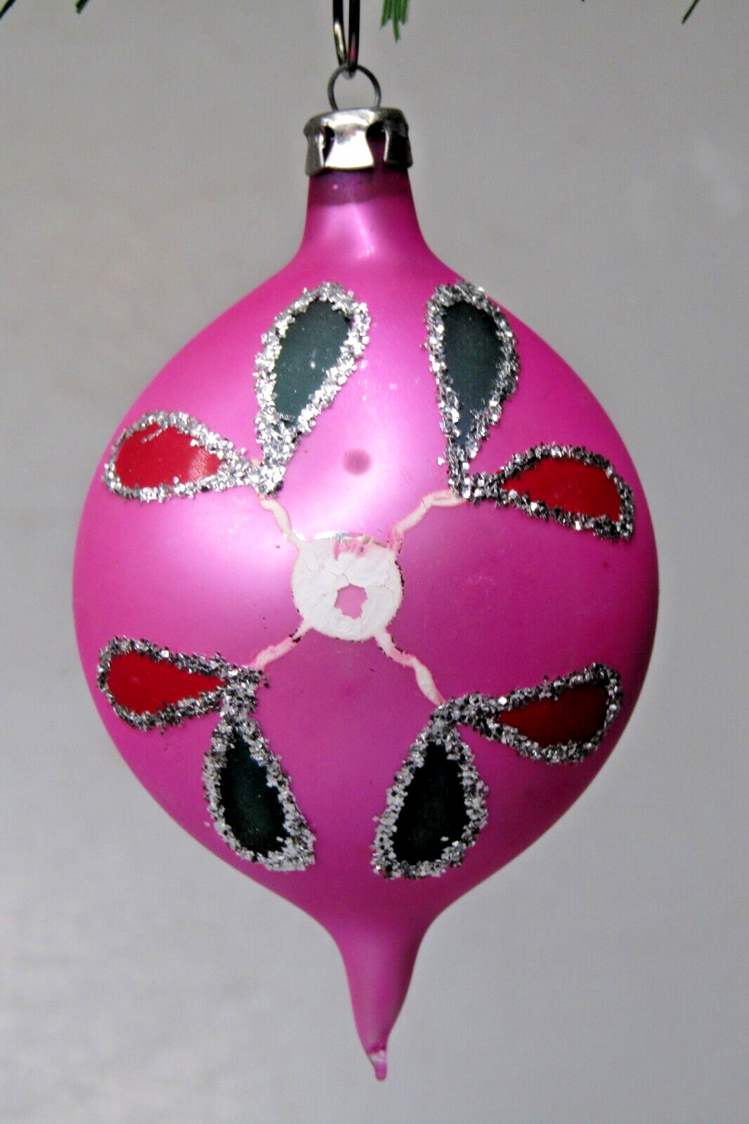 Vintage Glass Glittered Hot Pink DROP Christmas Ornament Fantasia Poland