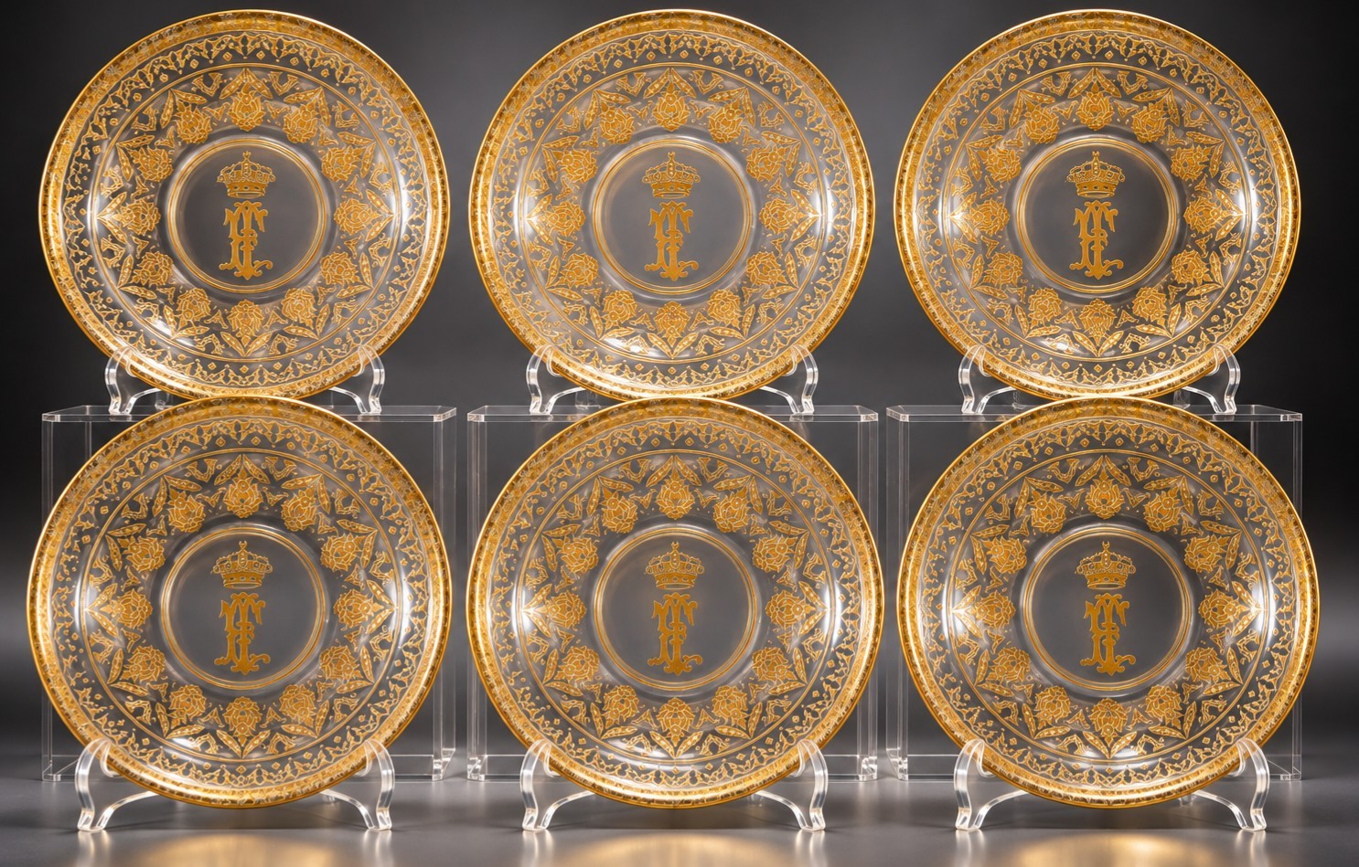 Set Of 6 Imperial Glass Saucers having Egyptian king Farook I coat of arms
