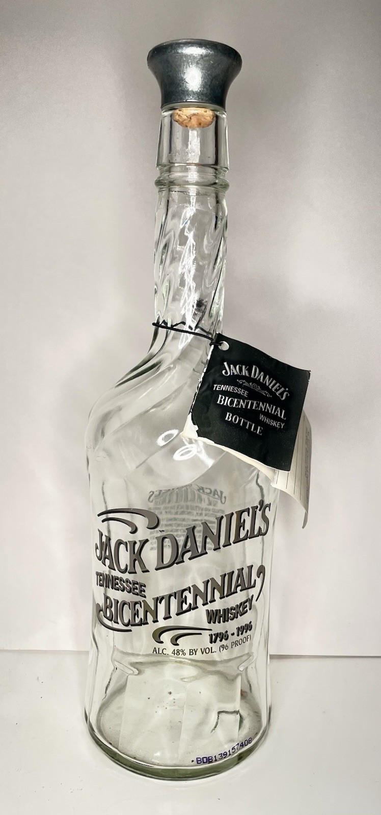 Jack Daniels Empty Bicentennial 96 Proof Bottle w/Tag, Pewter Stopper Cork