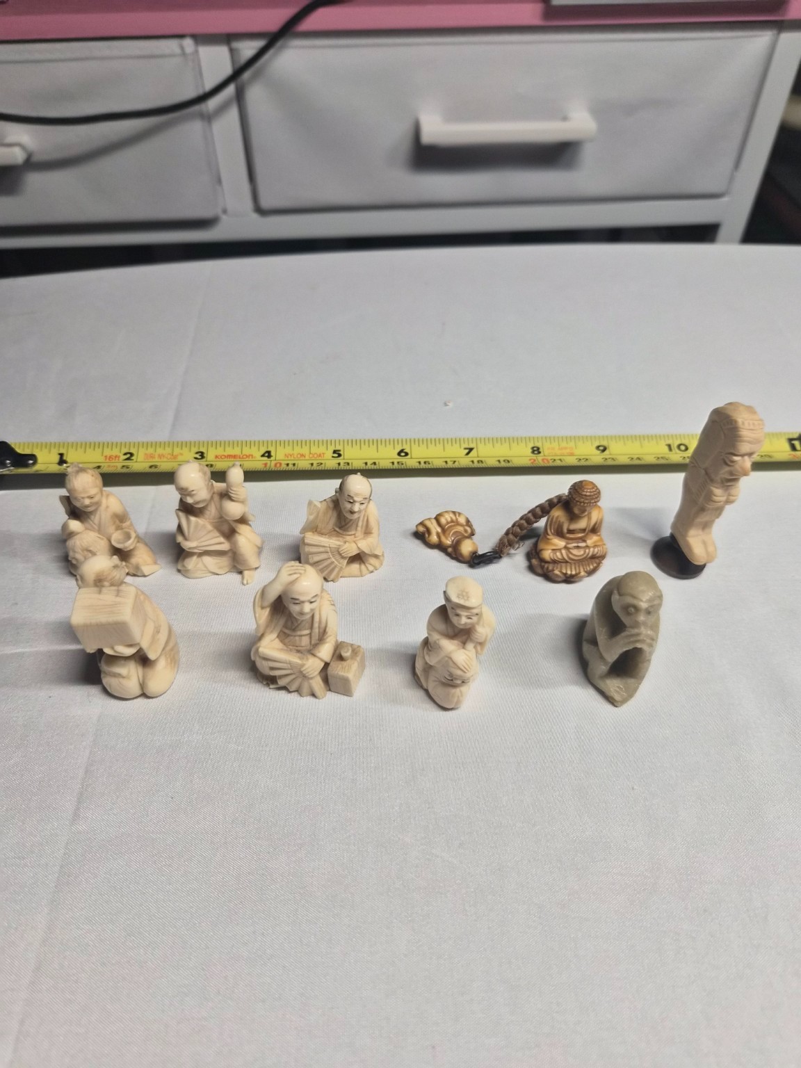 Vintage Asian Netsuke Style Miniature Figurines Lot of 9 Carved Figures Buddha