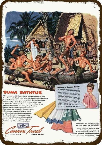 1944 Nude Gay Soldiers Buna Bath & CANNON Vnt-Look DECORATIVE REPLICA METAL SIGN