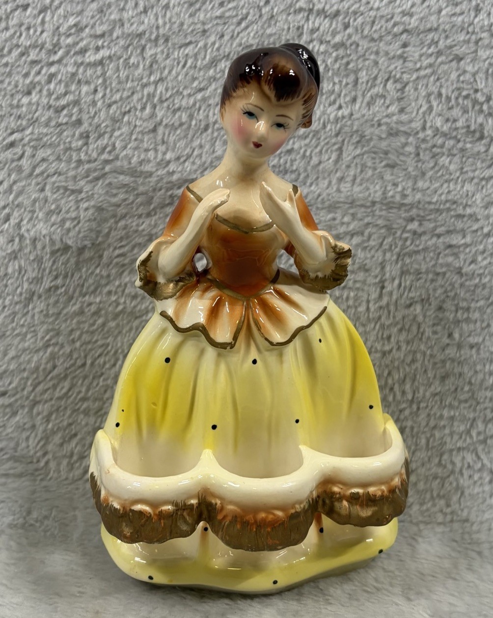 Vintage 1950s Ceramic Lady Lipstick Holder Yellow Dress Vanity MCM Japan 6”