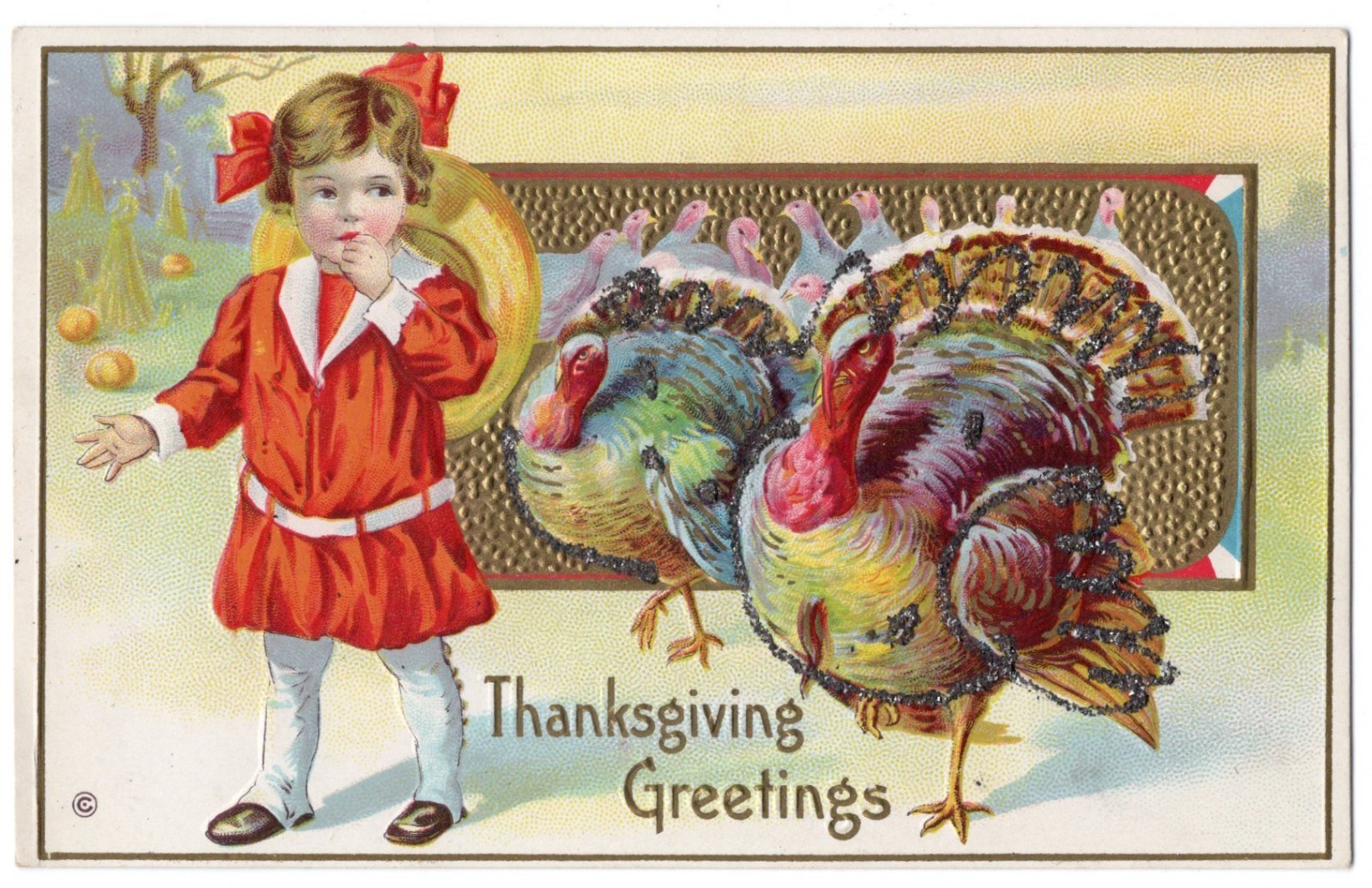 1911 Thanksgiving Postcard Girl Turkeys Mica Glitter Embossed Stecher 204C