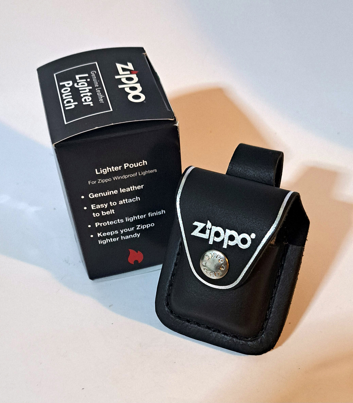 Personalized Genuine Black Leather Zippo Lighter Pouch with Clip-Custom Engraved