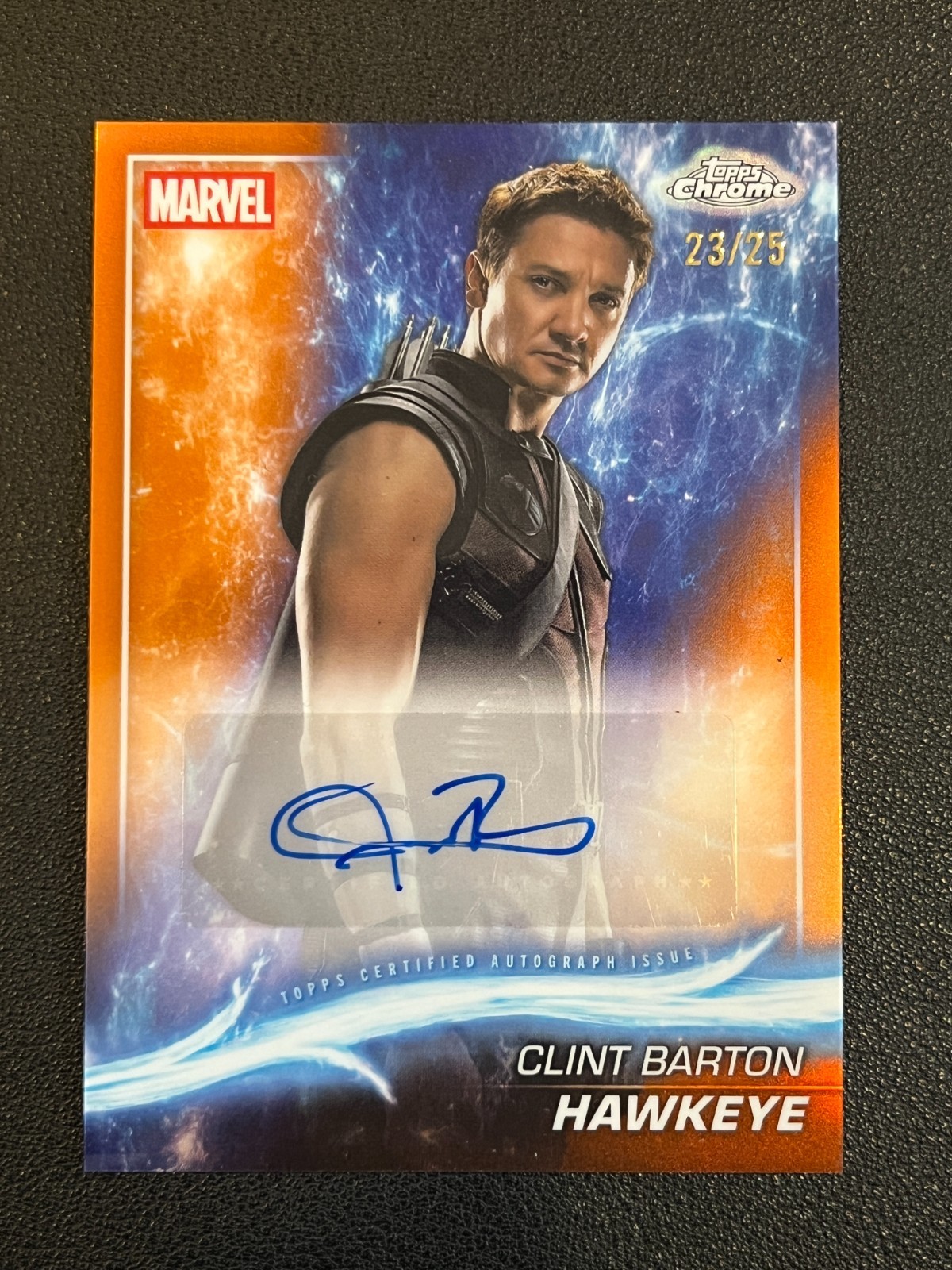 Jeremy Renner 2025 Topps Chrome Marvel Auto Hawkeye Orange 23/25 Clint Barton 