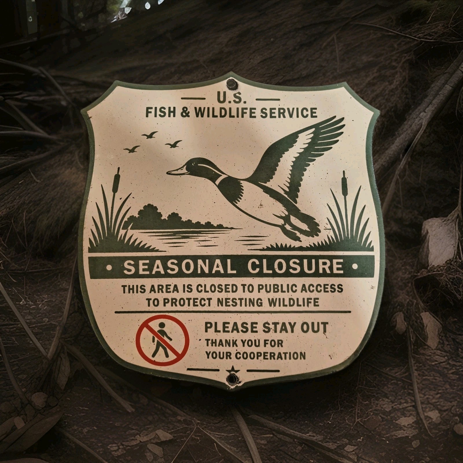 Vintage US Fish Wildlife Refuge Porcelain Sign Seasonal Closure Protect Nesting