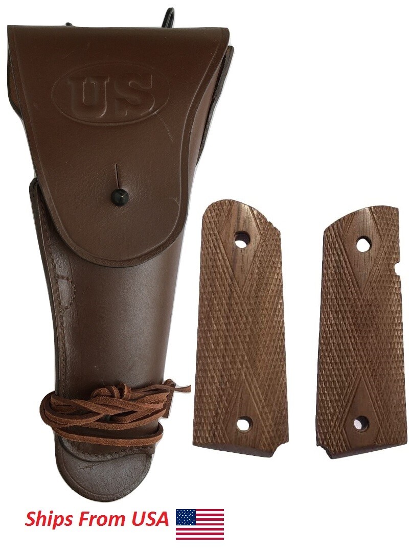WW2 US Army .45 Hip M1911 Colt Dark Brown Holster with Walnut Wood Colt Grip