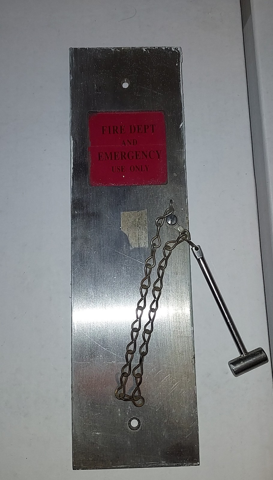 Vintage Metal Fire Dept Emergency Door Cover With Glass and Hammer 12\
