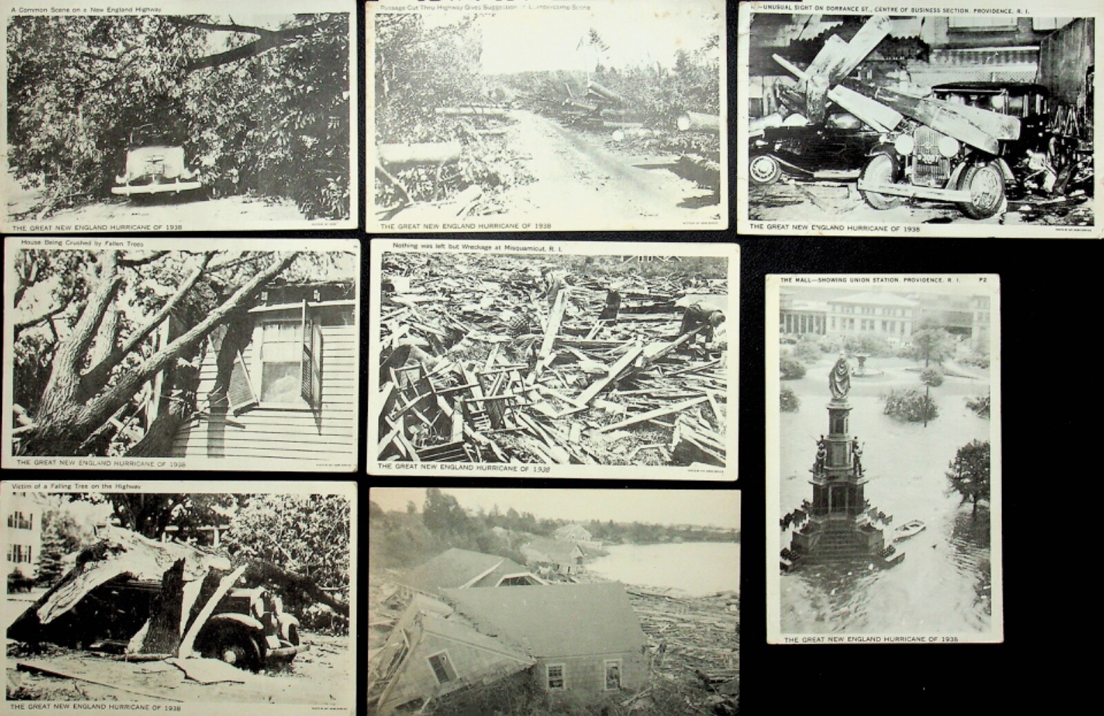 EIGHT 1938 NEW ENGLAND HURRICANE POSTCARDS - FF-52