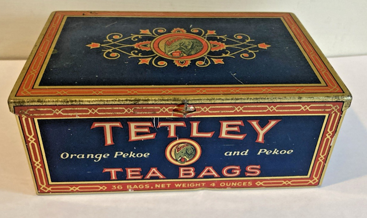 Vintage Tetley Orange Pekoe Tea Tin 36 Bags Elephant Logo 1920s-1940s