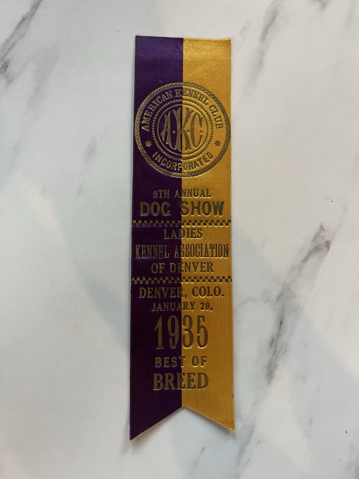 1935 AKC Dog Show Ribbon - Ladies Kennel Association Denver - Best of Breed