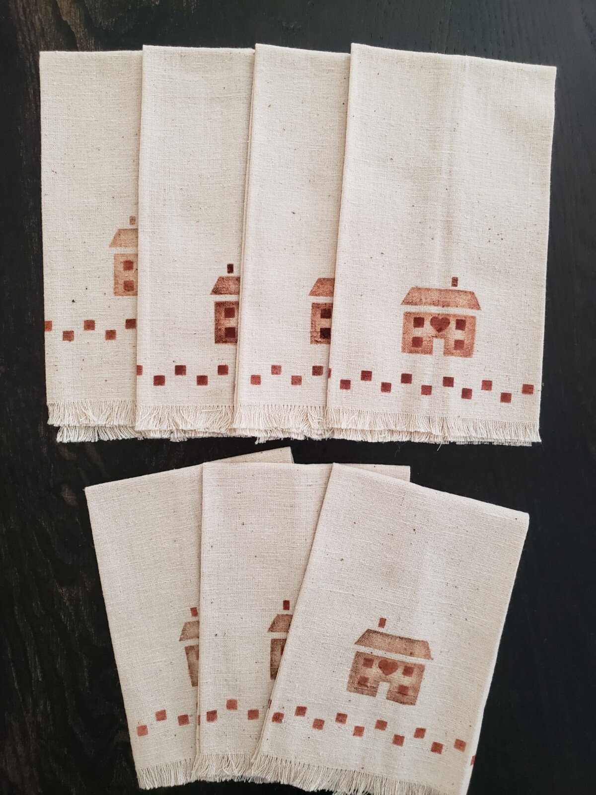 Vtg Set cloth Napkins Country House Craft Hearts Primitive handmade Stamped  7