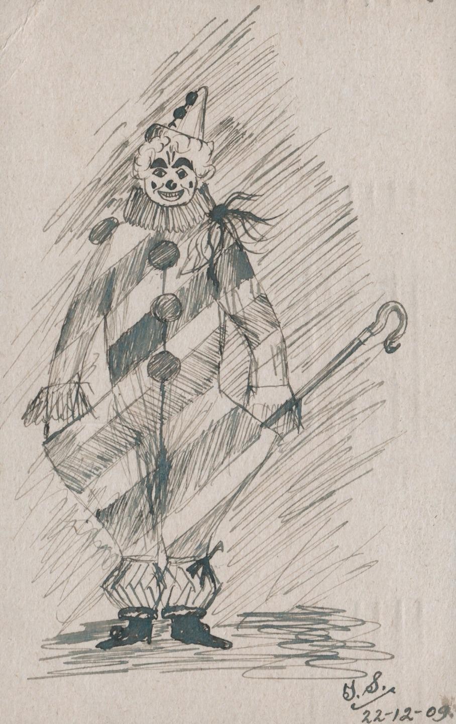 Antique 1909 Original Ink Drawing Postcard Evil Creepy Clown Shepherd Crook Art