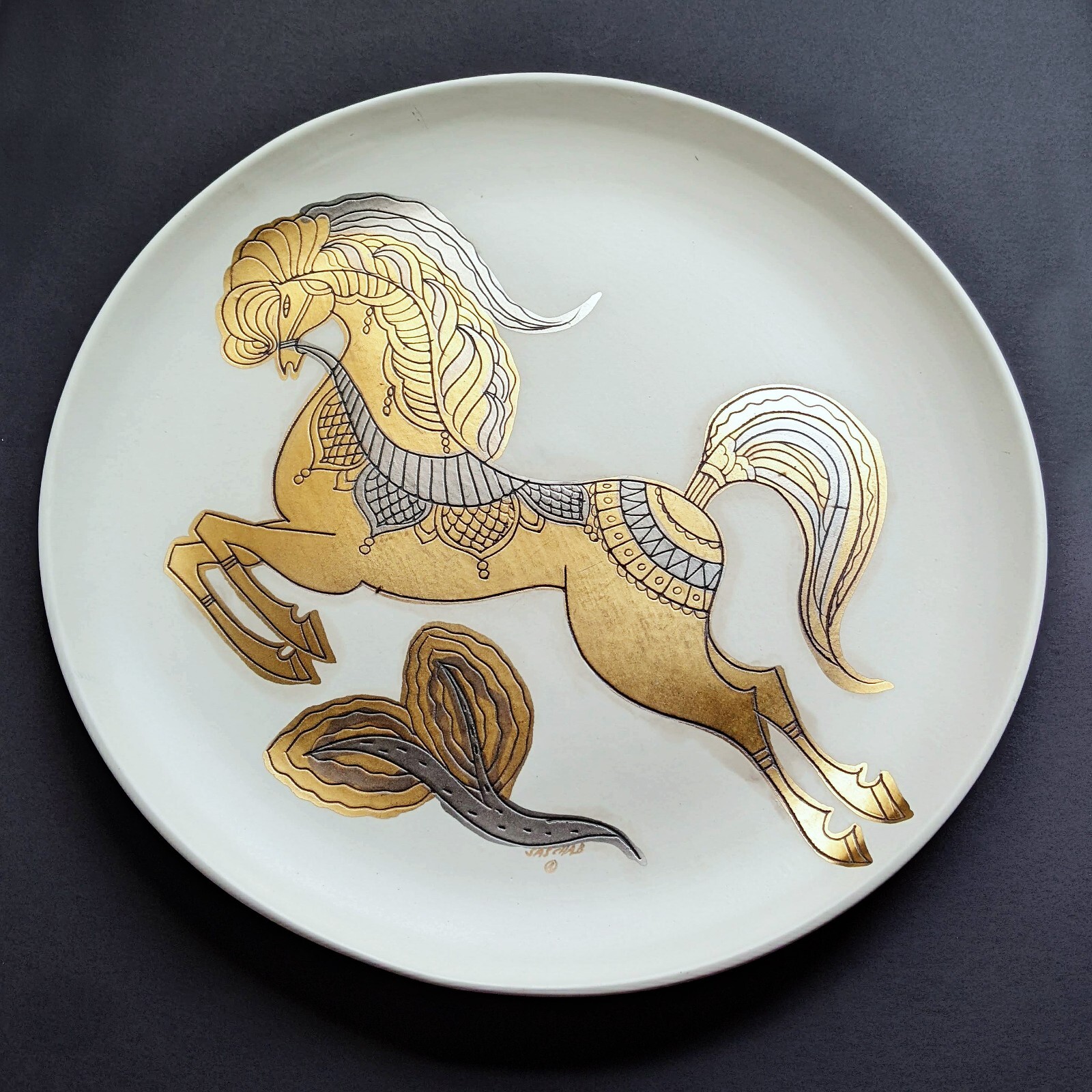 RARE Sascha Brastoff MCM Golden Horses Platter No Chips Slight Discoloration