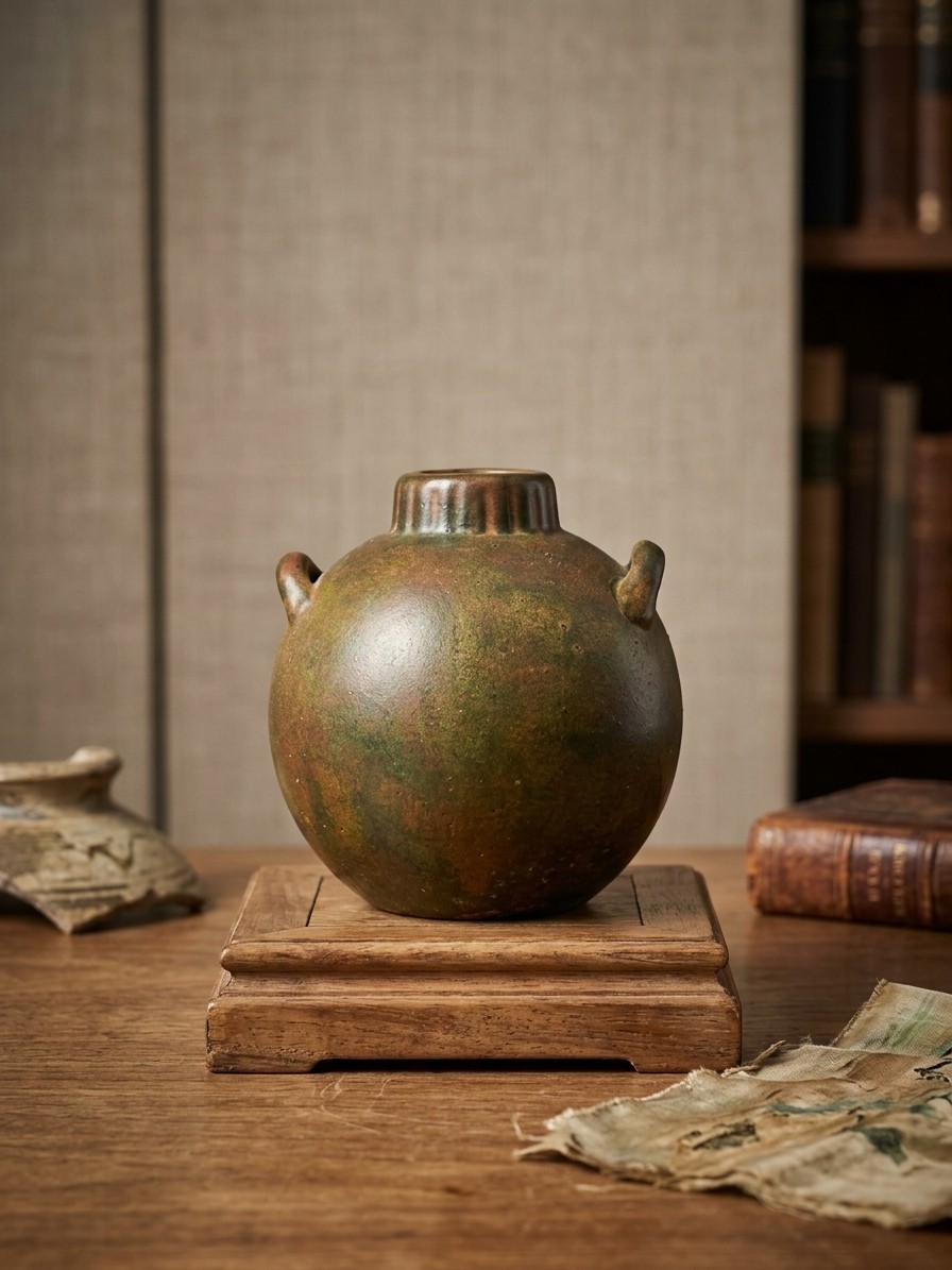 Antique Green-Brown Glazed  Ceramic Jar Two-Handled Miniature Globular Bud Vase