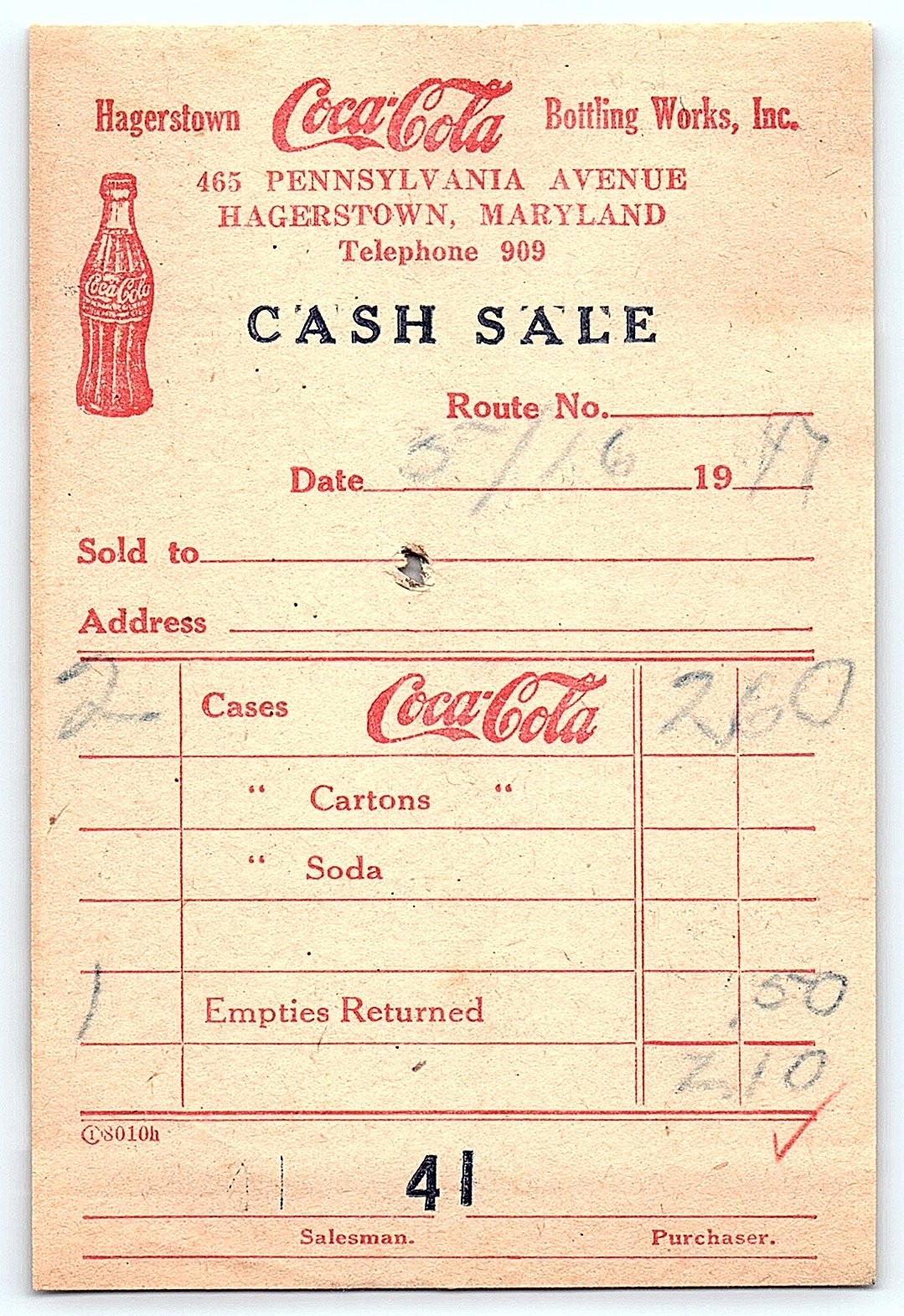 Vintage Coca-Cola Hagerstown MD Bottling Works billhead