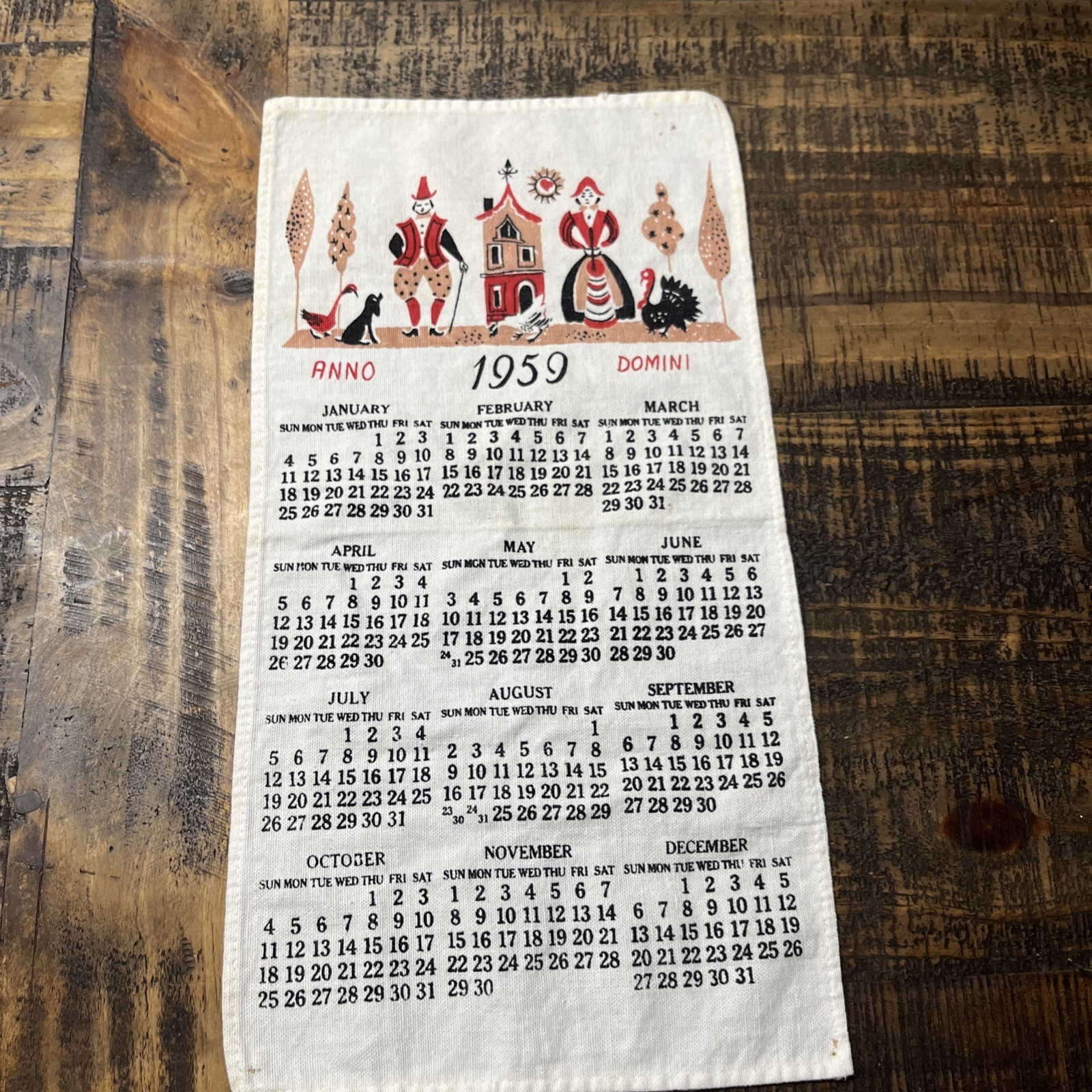 linen calendar tea towels vintage 1959