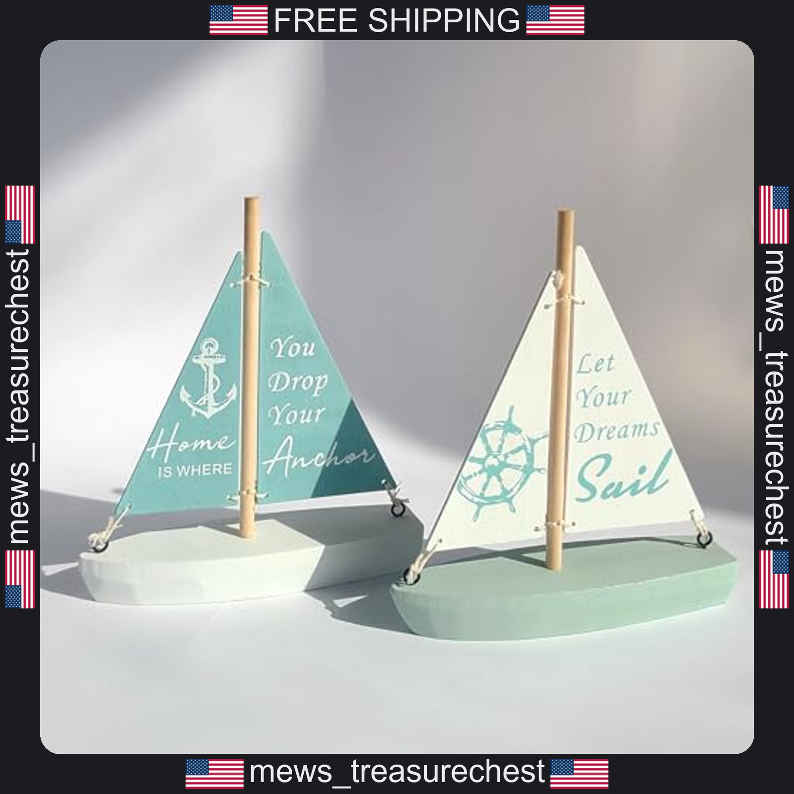 Nautical Wooden Sailboat Decor Set for Home Office Beach Theme, 2 Pieces