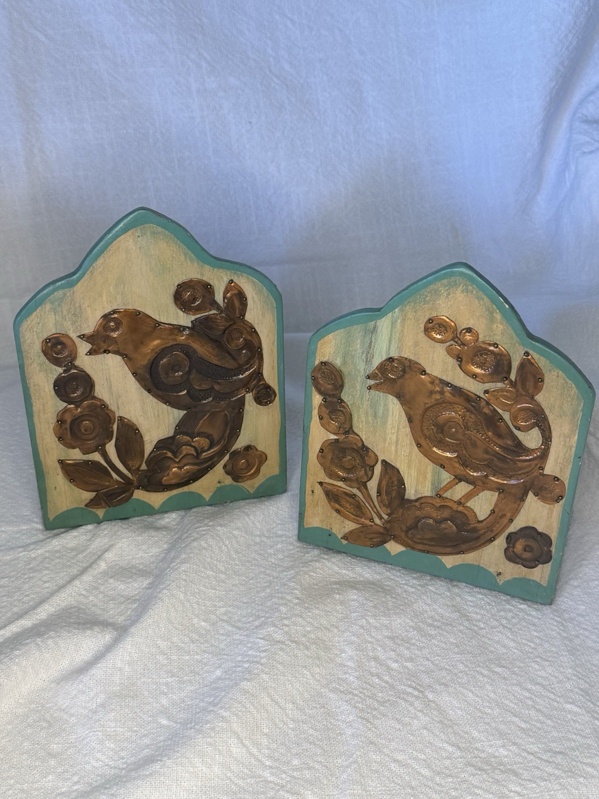 Vintage Folk Art Bird Bookends Wood & Copper Repoussé Pair Turquoise Boho