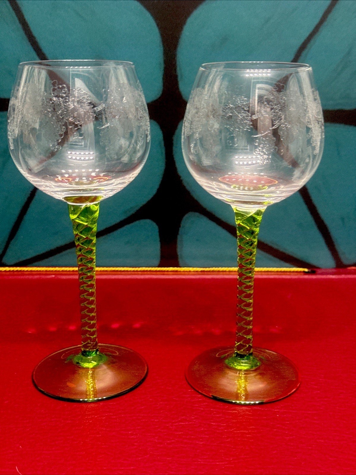 Set Of 2 Antique Bohemian Lemmare Liqueur Glass Green Stem Shot Glass 7” 1900s