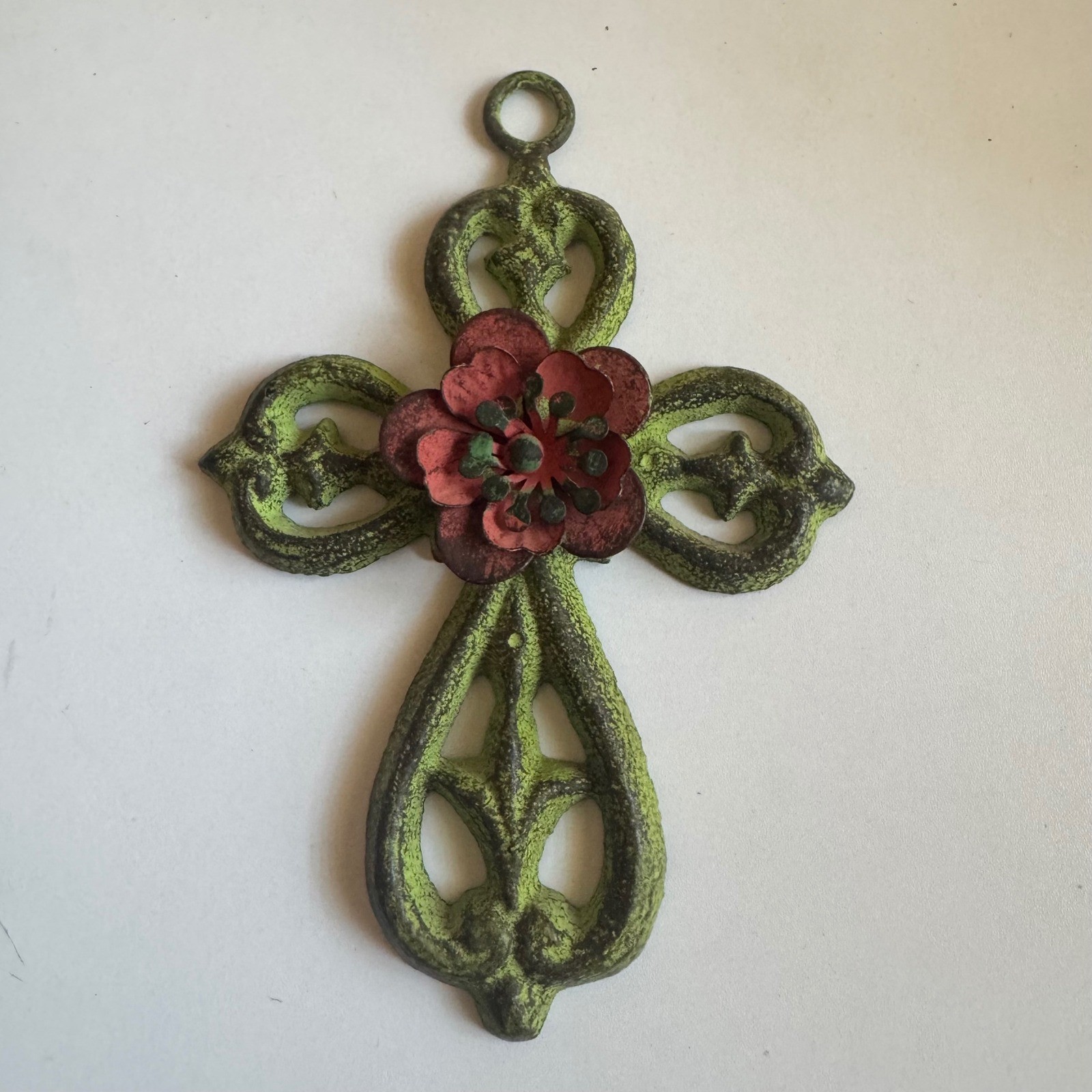 Cast Iron Wall Cross Rustic Green Metal Red Poppy Flower Floral Religious Decor