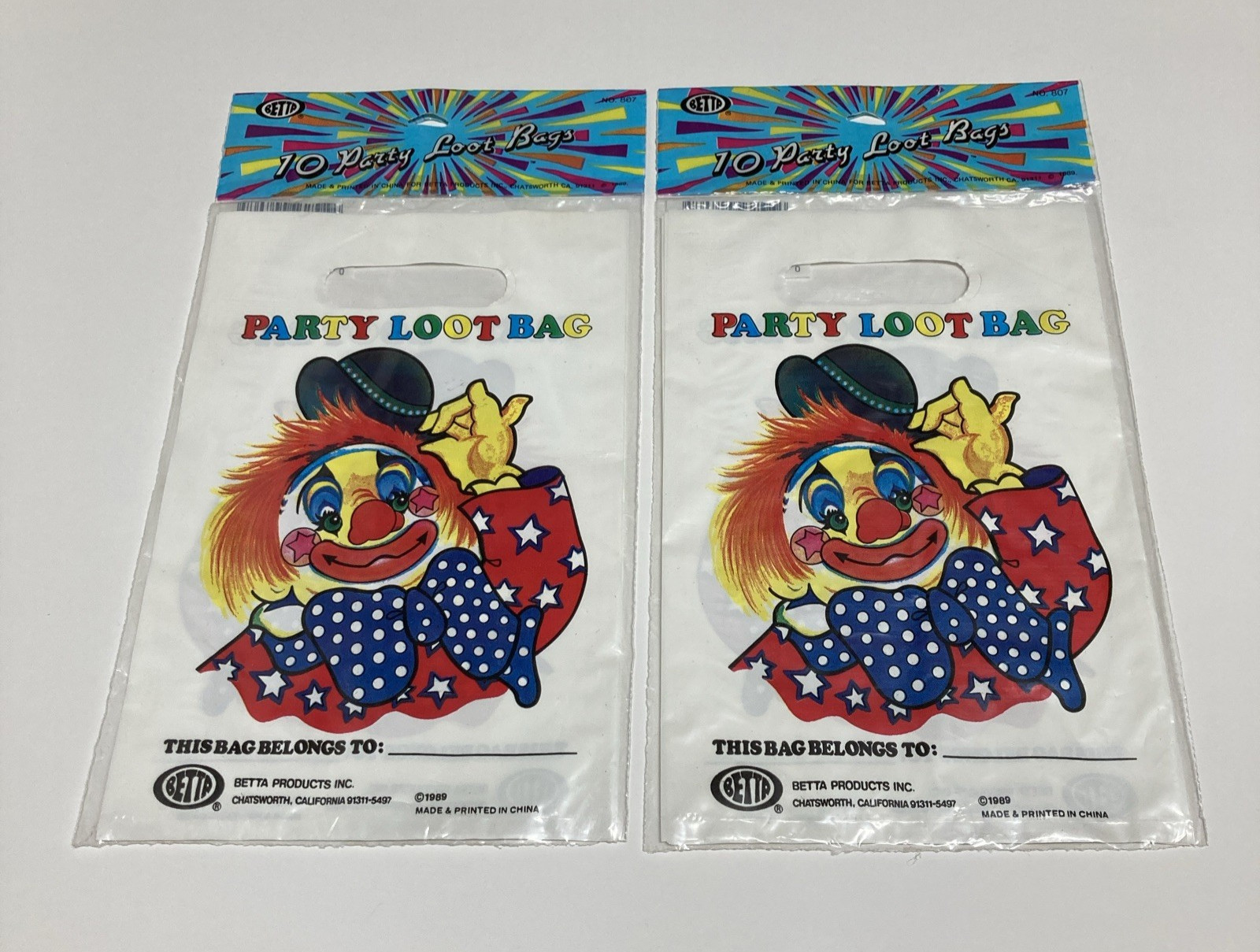Lot of 2 Clown Party Favor Loot Bags 20 Total Goody Treat Halloween Vtg 1989 NOS