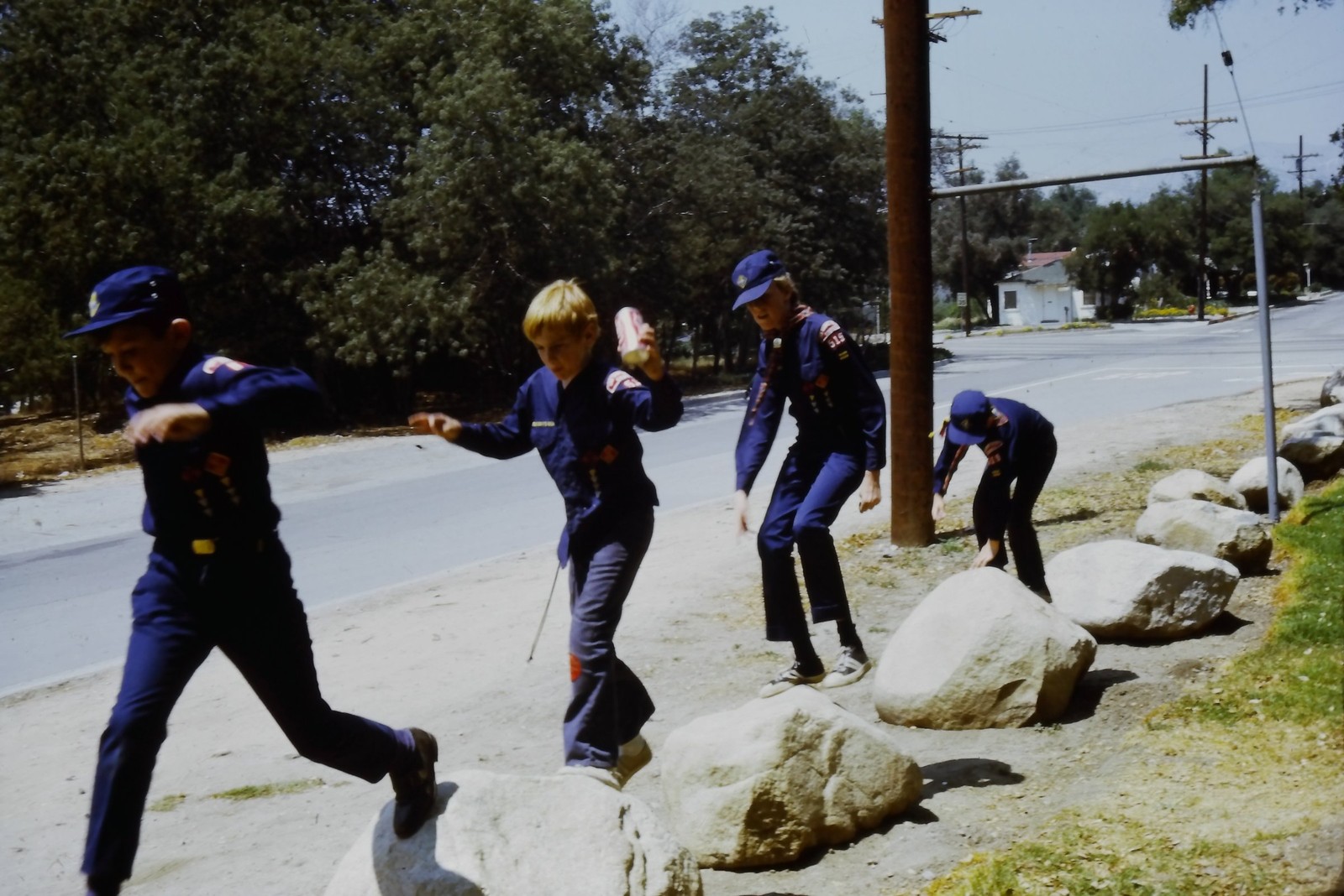 c1960\'s Kodachrome 35mm Slide, Boy Scouts Playing, Recreation blue mid century