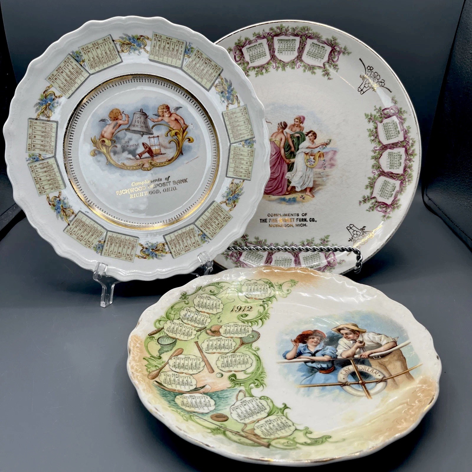 Antique Calendar Plates Lot of 3 1910 1912 Advertising Cherubs McNicol Dresden
