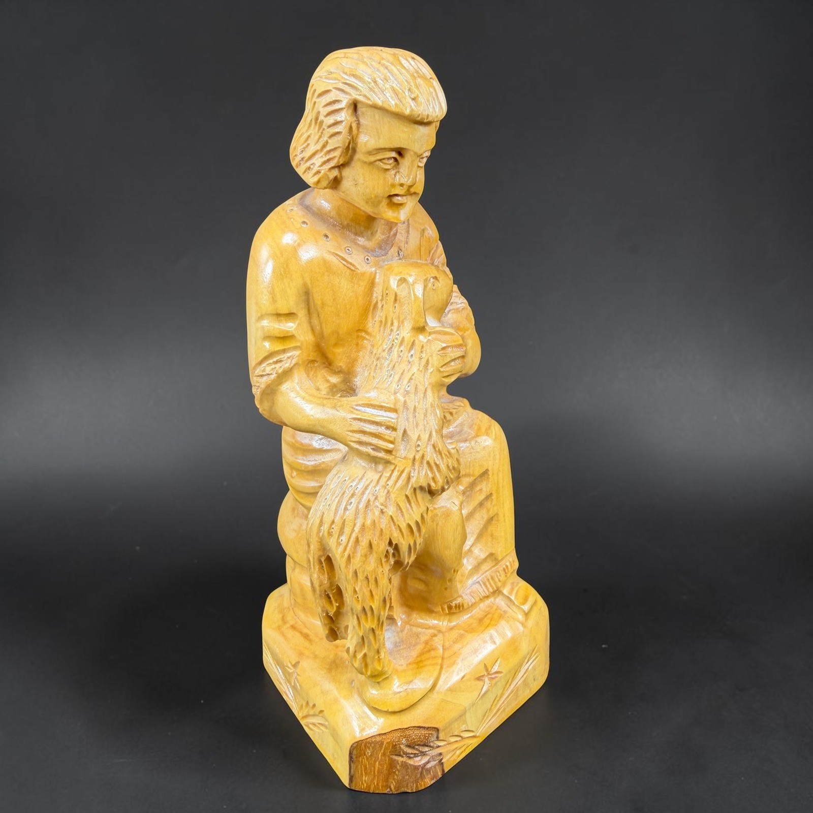 Vintage Olive Wood Good Shepherd Figurine Hand Carved Jerusalem Jesus Lamb 7\