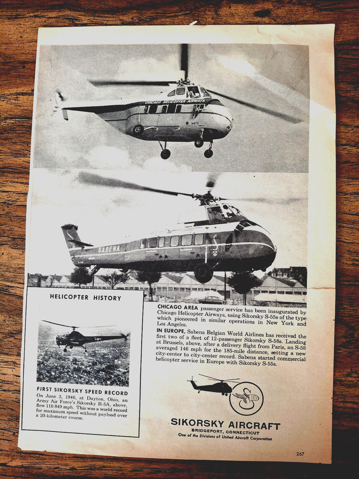 Chicago Helicopter Airways Ad Sikorsky S-55 + SABENA Sikorsky S-58 Helicopter