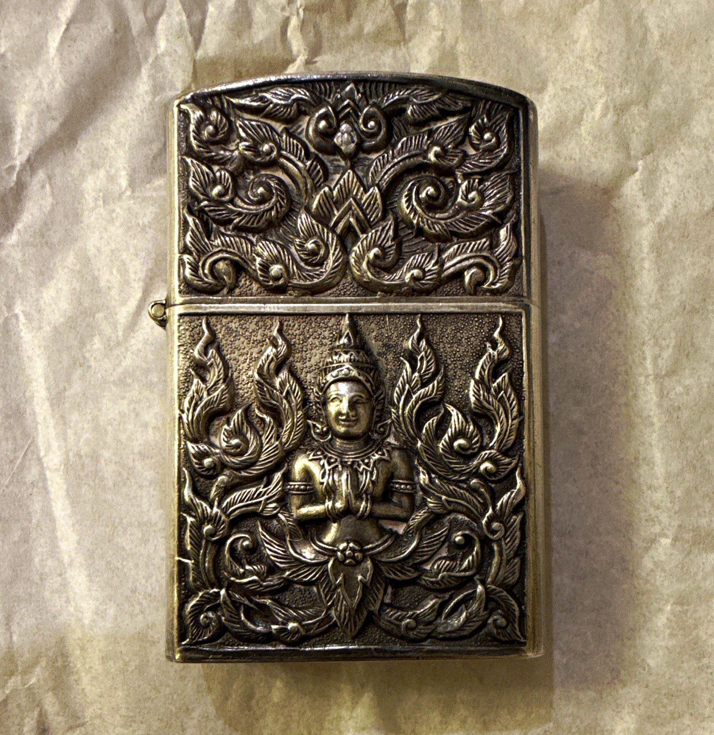 Vintage Silver Tone Flip-Top Pocket Lighter, Embossed Thai Deity Elephant