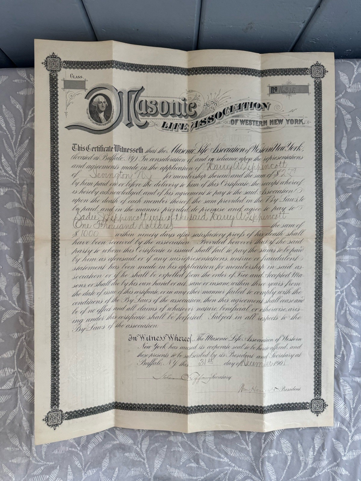 Antique1901 Masonic Life Insurance Archive CompletePolicy Papers Buffalo NY19x15