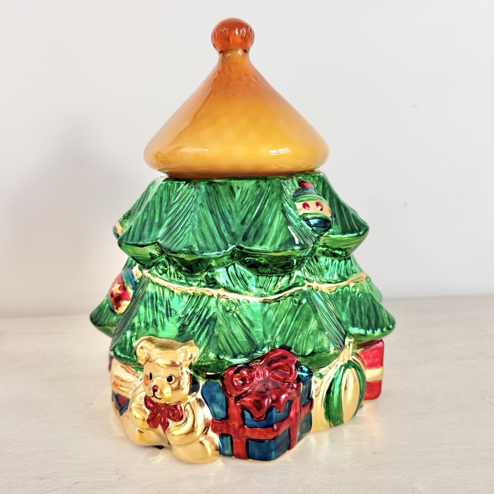 Vintage Lillian Vernon Christmas Tree Cookie Jar Metallic Lustre Amber Glass Lid