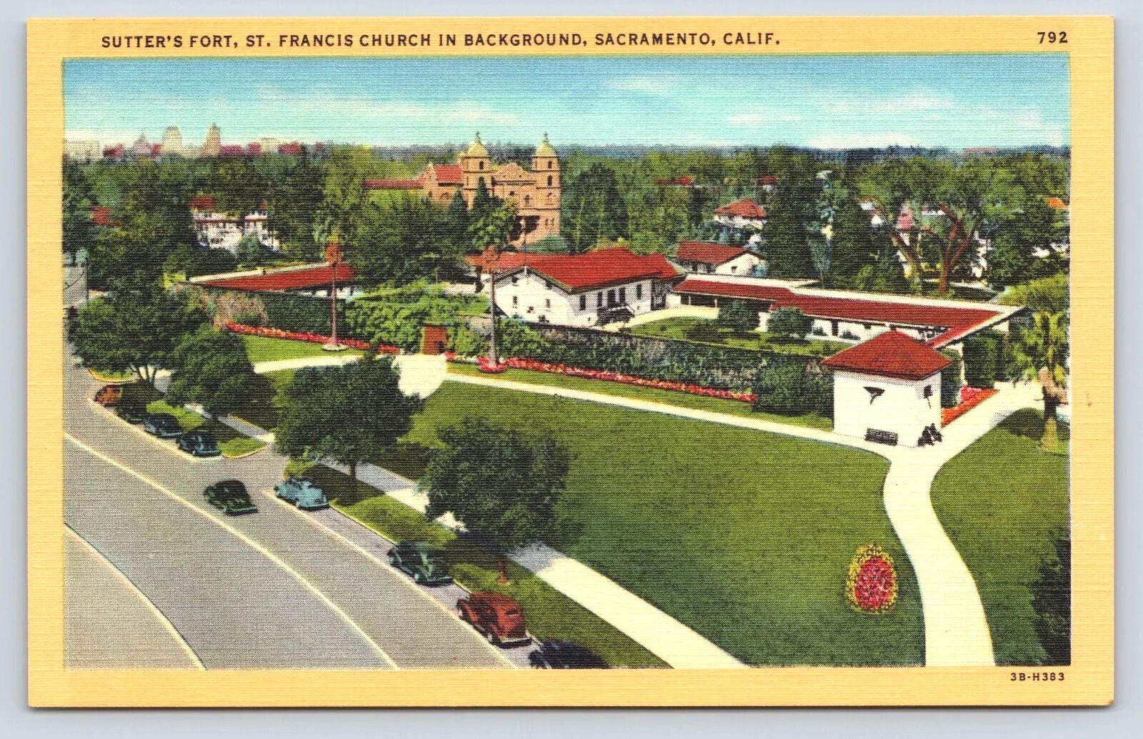 Sacramento CA Sutter's Fort Antique Cars St Francis Church Postcard Vtg A10