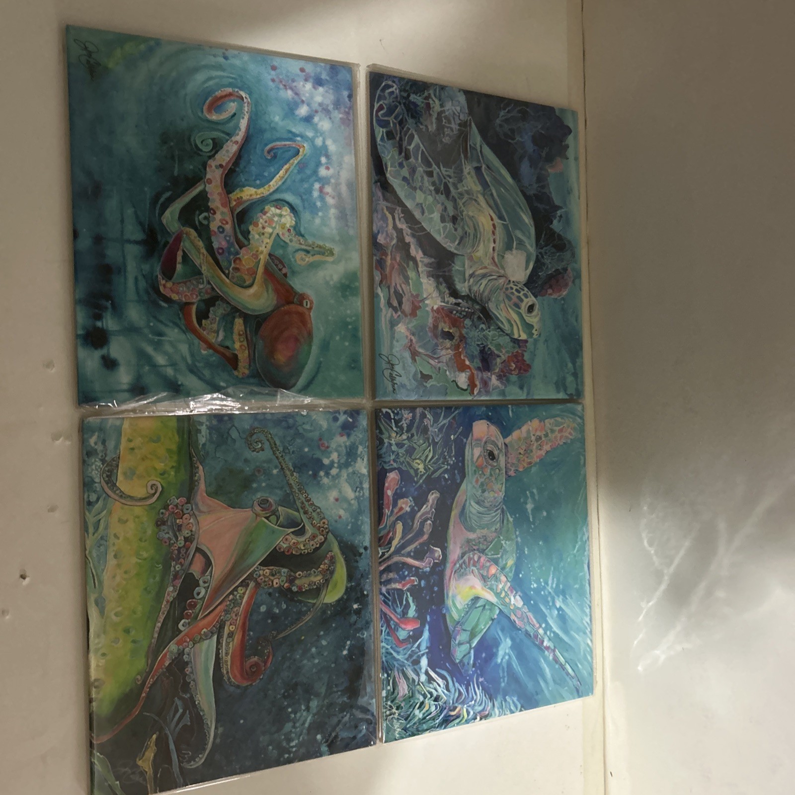 Vintage Jen Callahan Sea Turtle Octopus Tile Art Signed 8”x10” Colorful 4 Pcs