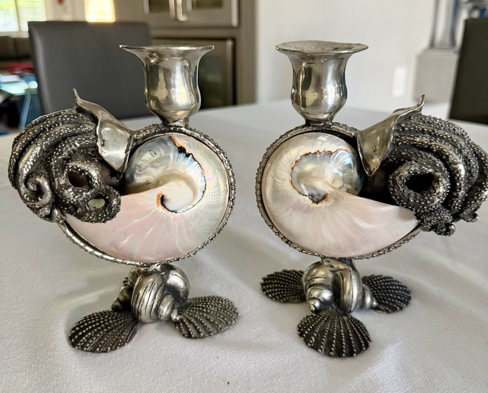 Lazaro NY Pewter Nautilus Shell Octopus Candlestick Holders Pair Vintage