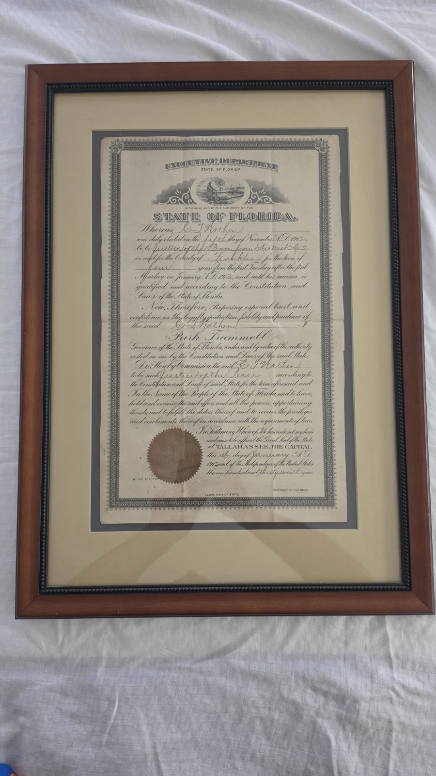 🏛️ 📜Framed 1913 Florida History – Gov. Park Trammell Signed Commission 🌴 📜✨