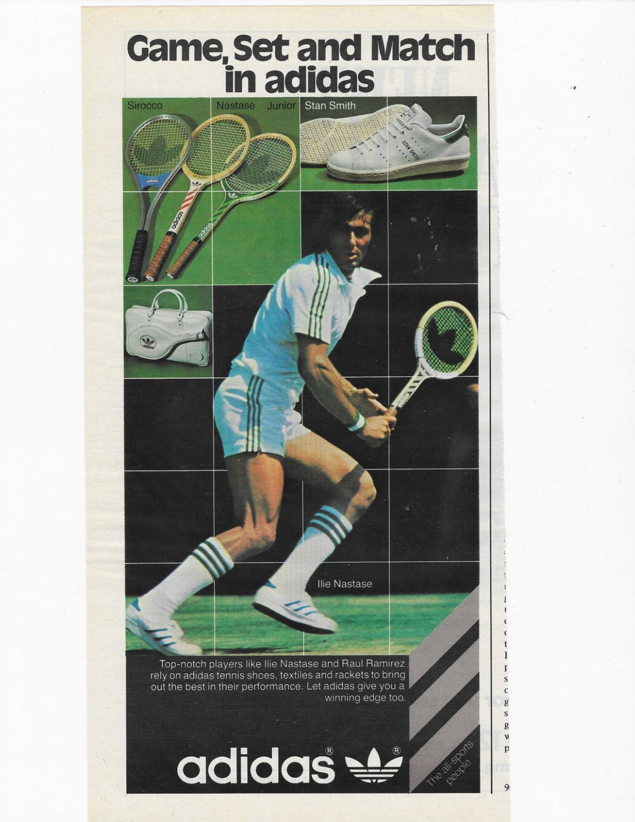 TENNIS  ILIE NASTASE    ADIDAS    ORIGINAL PRINT AD