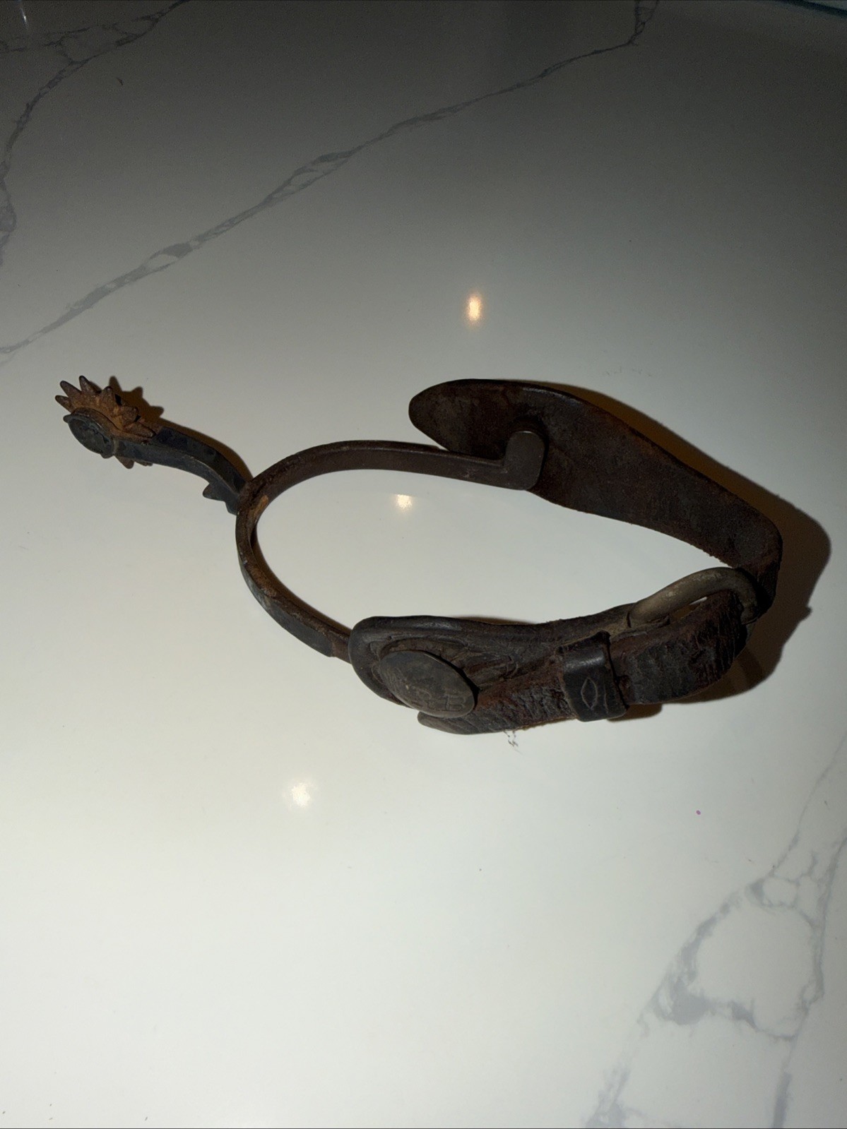 Antique Single August Buermann OK Pattern Cowboy Spur 10 Pt Rowel Leather Strap