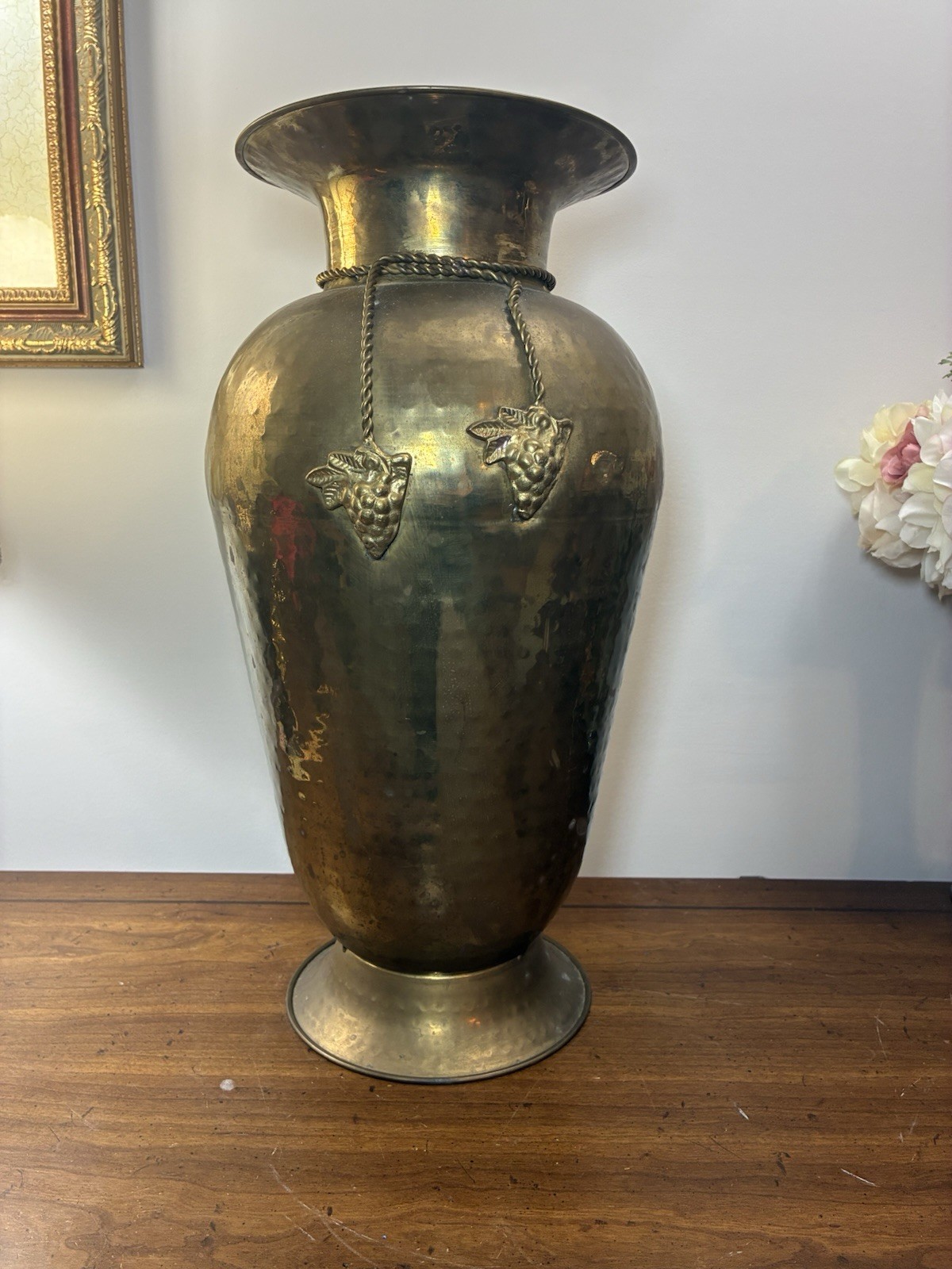 Vintage Hammered Brass Floor Vase Umbrella Cane Holder Rope&Grape Design 19”