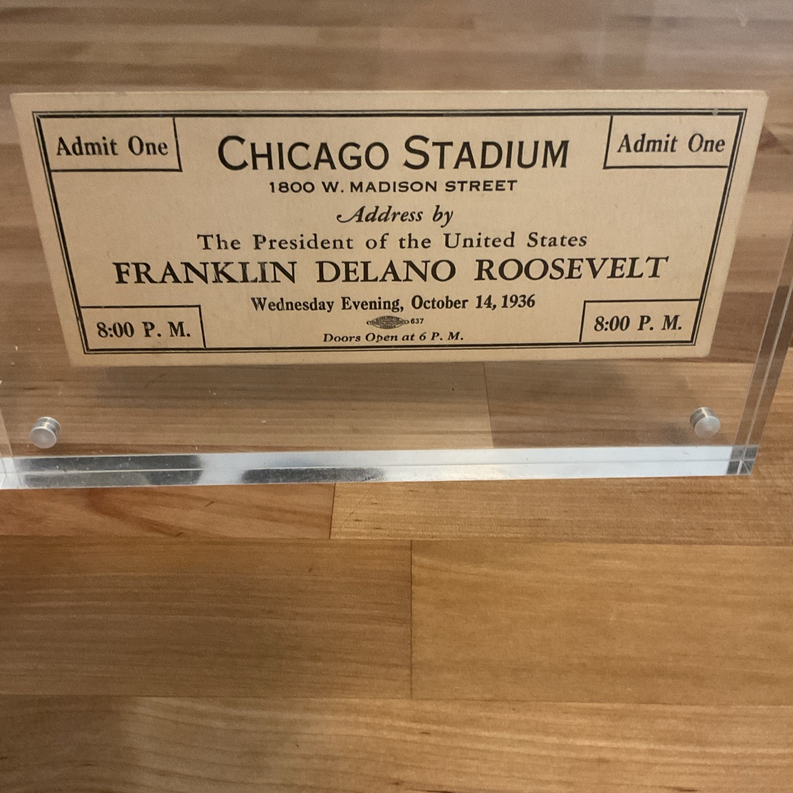 Chicago Stadium Admit One Ticket, Franklin D. Roosevelt Address, Oct 14 1936