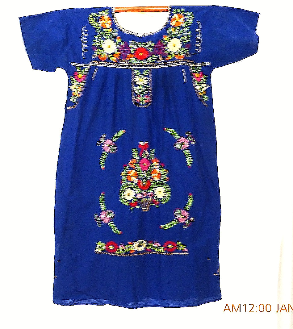 VINTAGE ROYAL BLUE HAND EMBROIDERED MEXICAN DRESS L XL